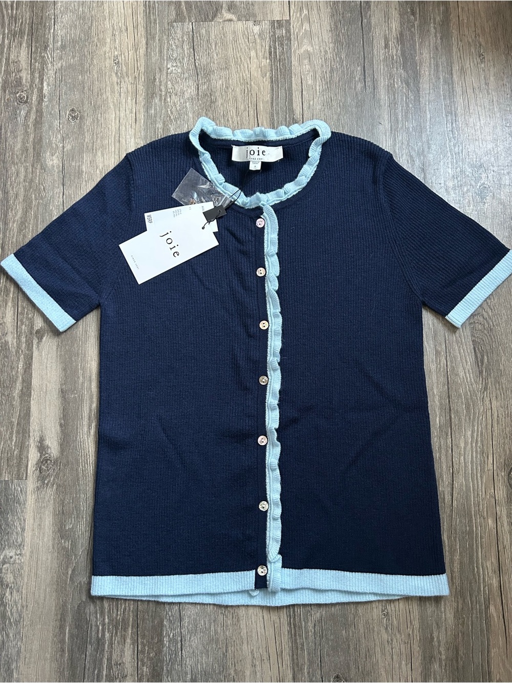 Joie Navy Short-Sleeve Knit Top with Light Blue Ruffle Trim